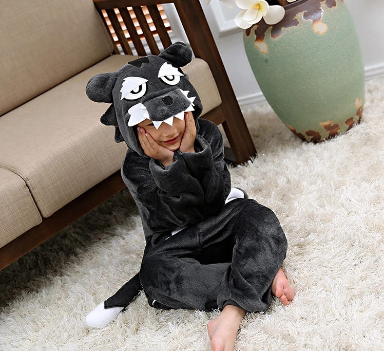 Children Kigurumi Animal Wolf Onesies Cosplay Costume Jumpsuit Boys Girls Pajamas Winter Sleepwear Halloween Romper Party Dress |