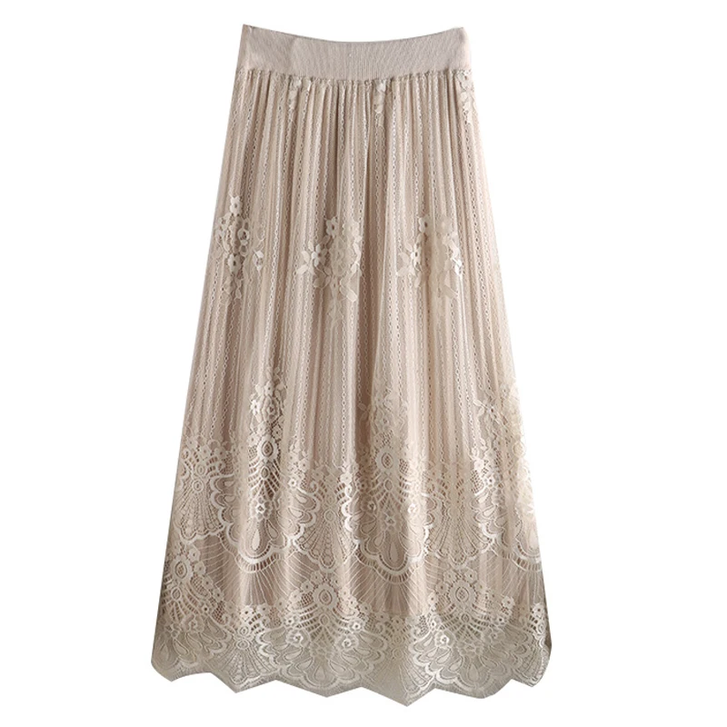 Женская трикотажная юбка с высокой талией кружевная длинная составного кроя