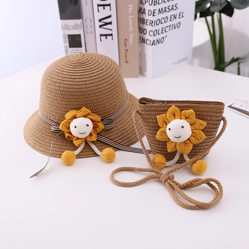 

2021New Style Girl Cute Straw Hat +Handbag 2 Pcs Set Child Baby Outdoor Travel Holiday Beach Floppy Hat Sweet Flower Bow Sun Cap