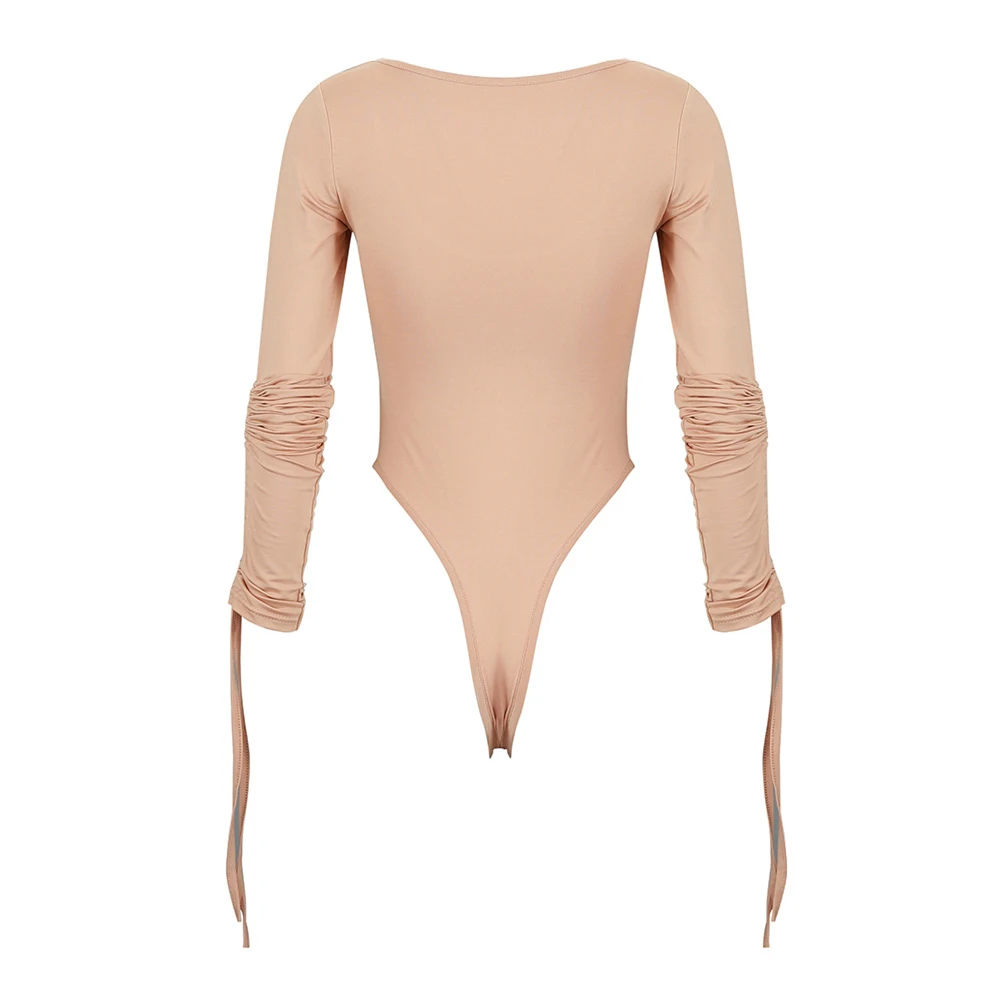 

Women's Sexy Low Collar Bodysuit with Buttons and Elastic Bands on the Long Sleeve