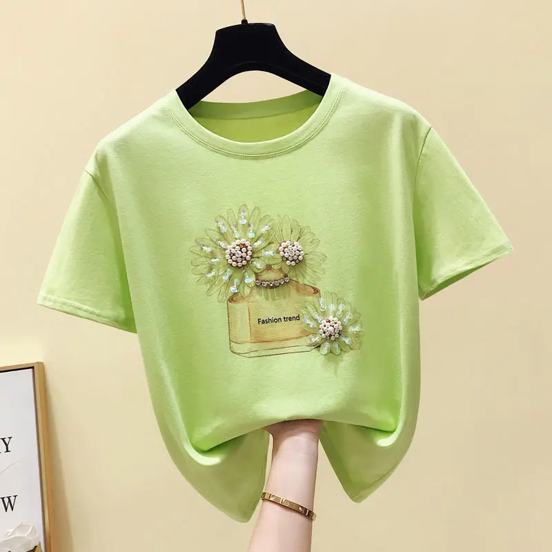 

Daisy Print T-shirt Women's Short-sleeved 2021 Summer New Korean Version Beaded Sequins Printed Half-sleeved Top Woman Tshirts