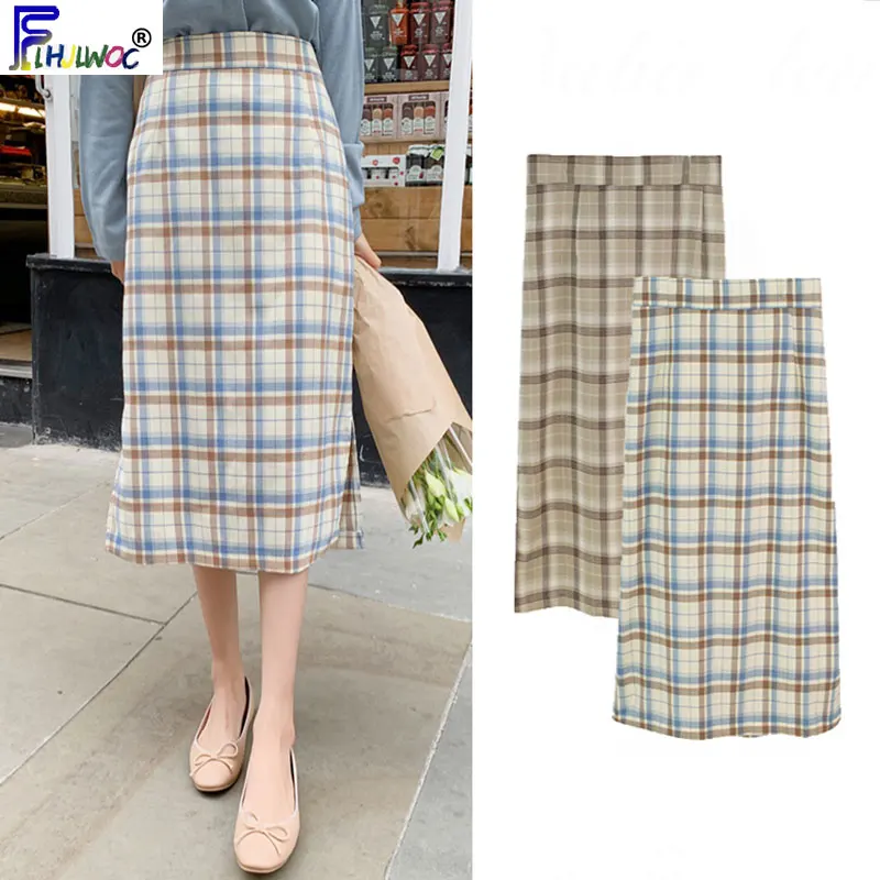 Юбка Женская Осенняя клетчатая с эластичной талией и завышенной 9501|Женские юбки|