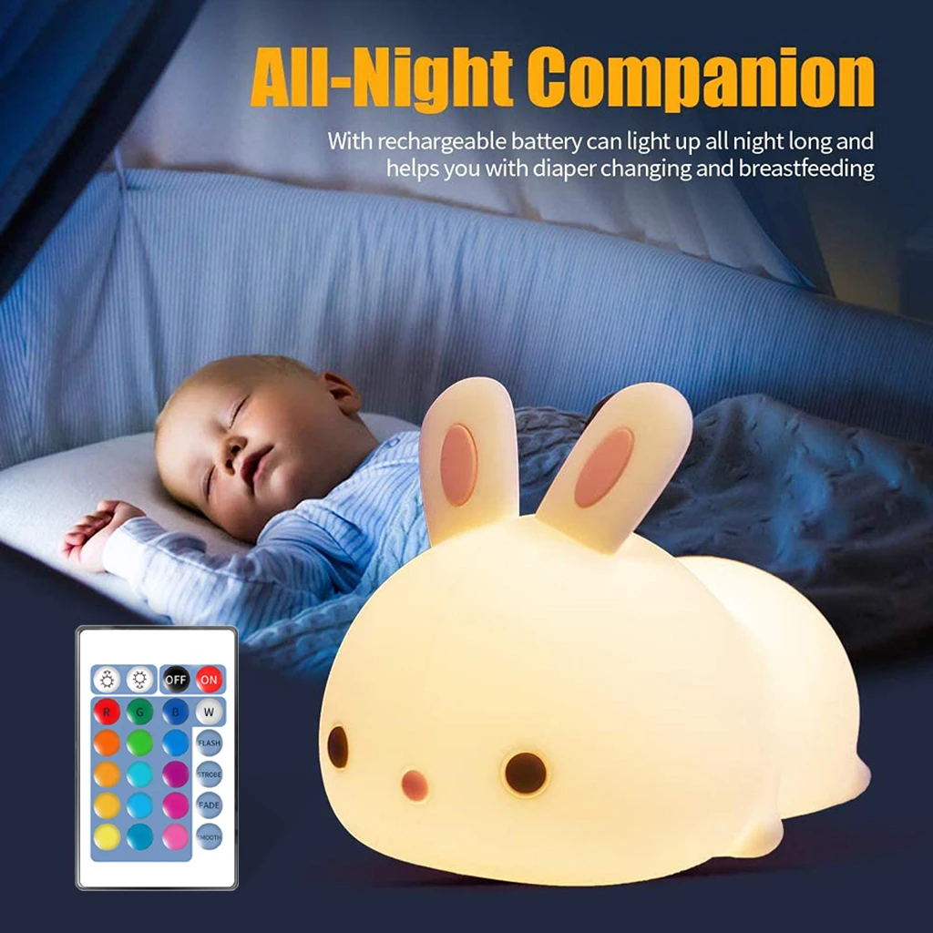 

Colorful Silicone Rabbit Night Light Cute Animal Soft Cartoon USB Rechargeable Lamps for Children Bedroom Baby Christmas Gifts
