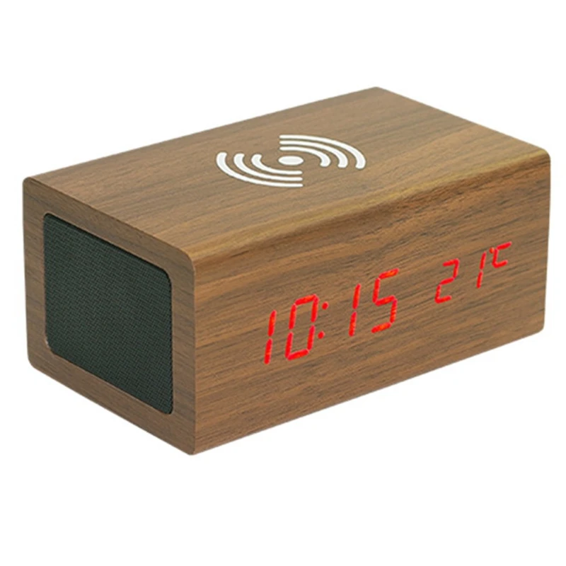 

Деревянный цифровой будильник с Bluetooth-динамиком и беспроводной зарядкой, с температурой, настольные часы для спальни, коричневого цвета
