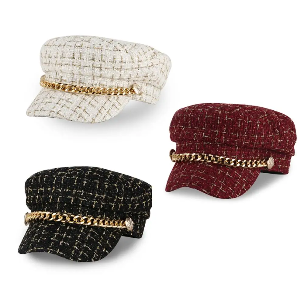 Fashion Vintage Women Autumn Winter Octagonal Cap Chain Navy Hat Outdoor Flat Top Fitted 3 Colors Casual Female Berets | Аксессуары для