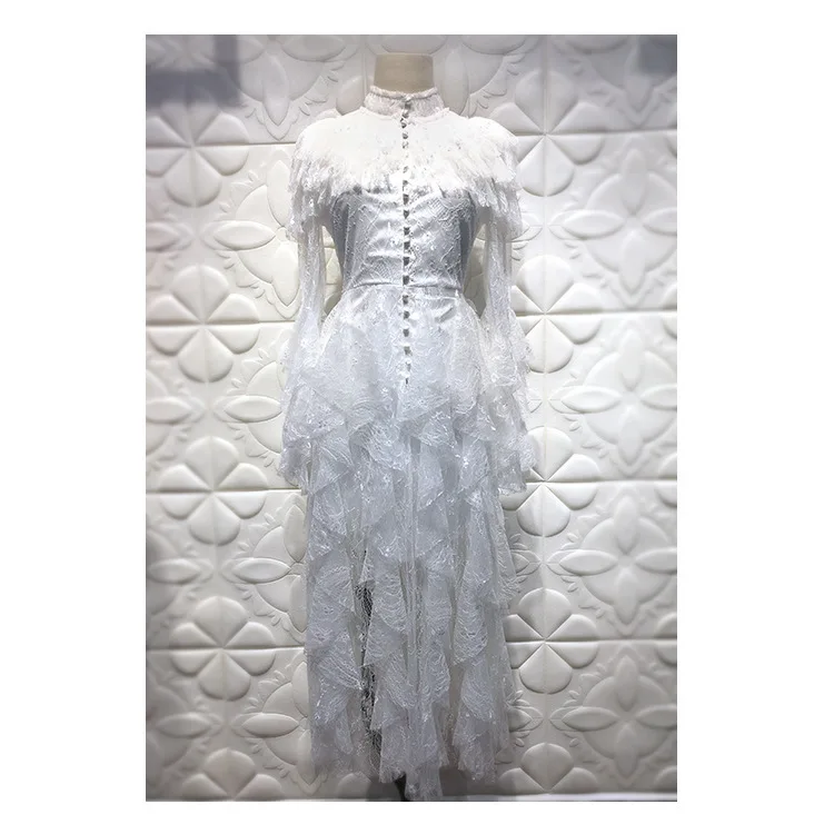 

designer E 8144 New white color multilayer irregular dress lace pearl decoration