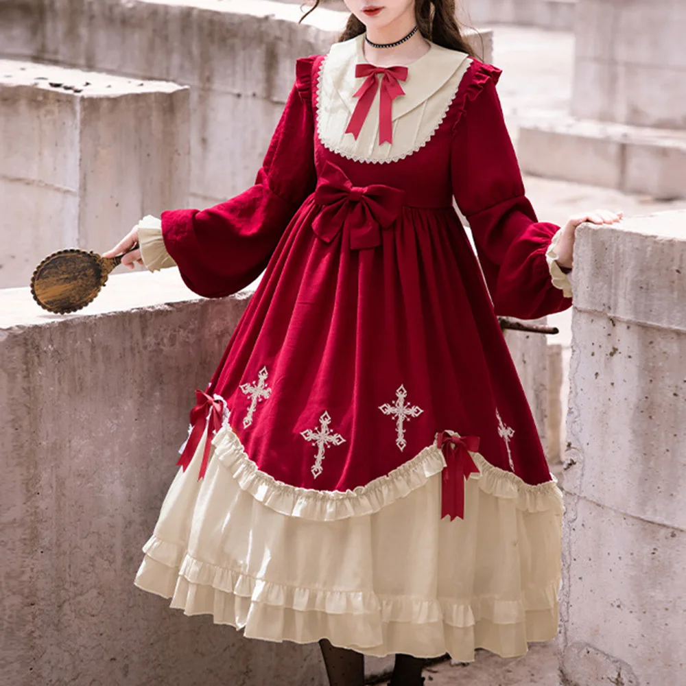 

Rosetic 2021 Spring Autumn Women Lolita Dress Ball Gown Patchwork Sweet Bowknot Perter Pan Collar Big Swing Red Midi Dersses New