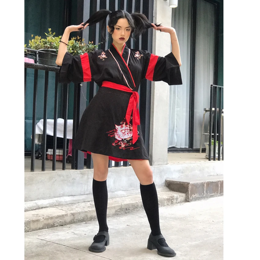 Платье кимоно женское с вышивкой в виде кошки винтажный вечерние из 2 предметов