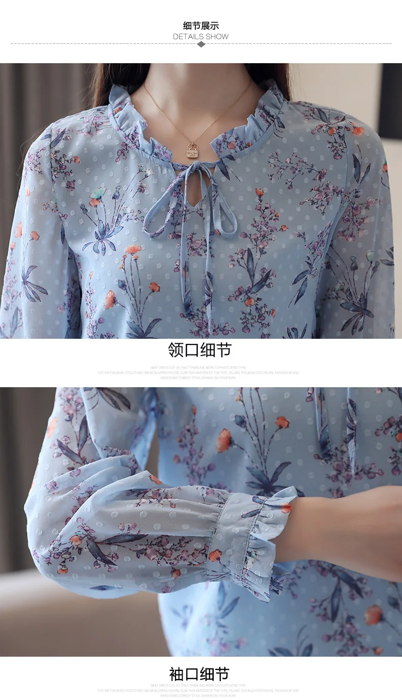 Blusas Mujer De Moda модная женская синяя шифоновая повседневные кофточки элегантные женские Топы с длинным рукавом и бантом женская одежда 6233 50