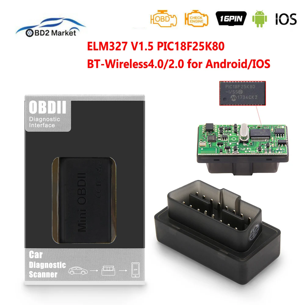 ELM327 V1.5 OBD2 BT-Беспроводной 4 0/2 0 сканер ELM 327 PIC18F25K80 для Android/IOS считыватель кодов OBD