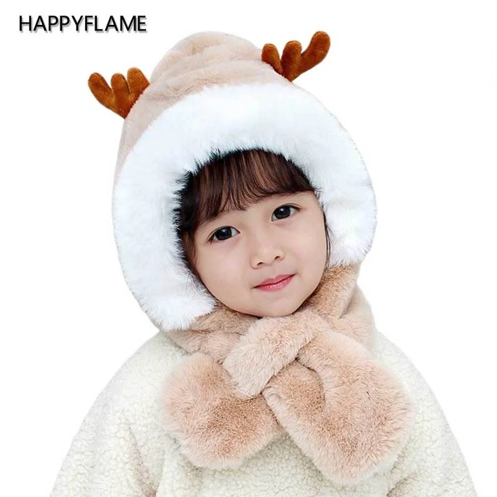

New Year Thick Christmas Hat with Cute Antlers Warm Lei Feng Hat 2pc In One Scarf Snow Caps Winter Hats for Women Girl Scarf