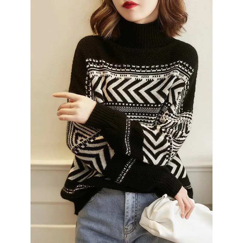 

Winter Warm Turtleneck Sweater Pullover Tunic Women Loose Check Cropped Knit Sweater Vintage High Neck Long Sleeve Fashion 2022