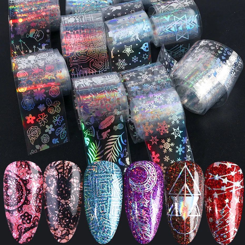 10 шт. голографические черно-белые кружевные фольги для ногтей лазерная полоса