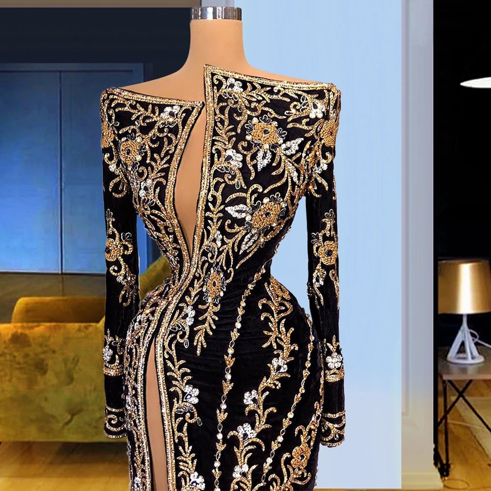 

Long Black Muslim Embroidery Evening Dresses 2021 Rhinestones Saudi Arabia Islamic Turkish vestido de fiesta de boda