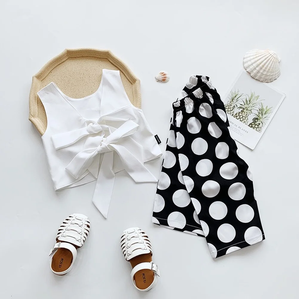 

2021 New Summer Fashion Girls Sleeveless White T-Shirt Top + Wave Point Wide Leg Pants Children's Suit 2-6 Years