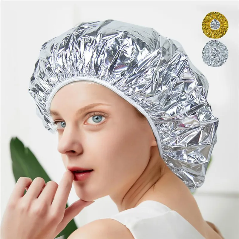 

1Pc Shower Cap Heat Aluminum Foil Waterproof Ultra-thin Bath Hoods Nourishing Dry Disposable Foil Hat Elastic Bathing Cap