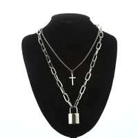 neck chain punk necklace women men square lock cross pendants winter jewelry metal padlock cool grunge goth accessories