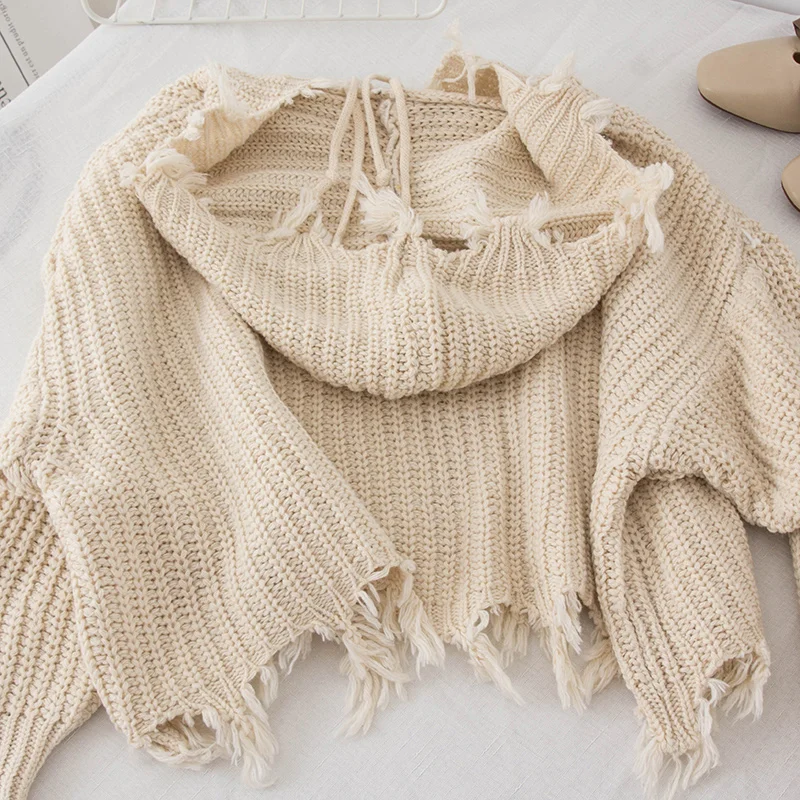 Женский Повседневный вязаный свитер на молнии черный или Бежевый с дырками