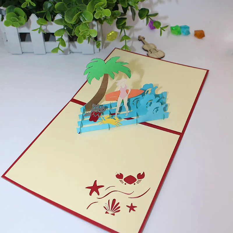 Открытка из бумаги с изображением кокосового дерева и пляжа креативная 3D