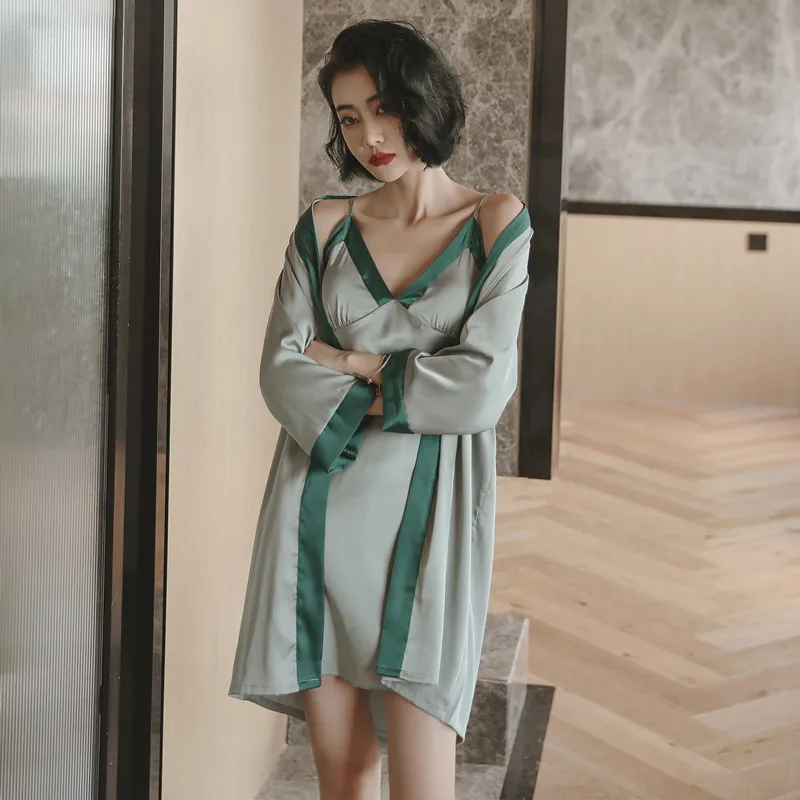 

Nightdress Female Summer Spring Autumn Ice Silk Sling With Chest Pad Long-Sleeved Nightgown Home Service Two-Piece Sexy Pajamas