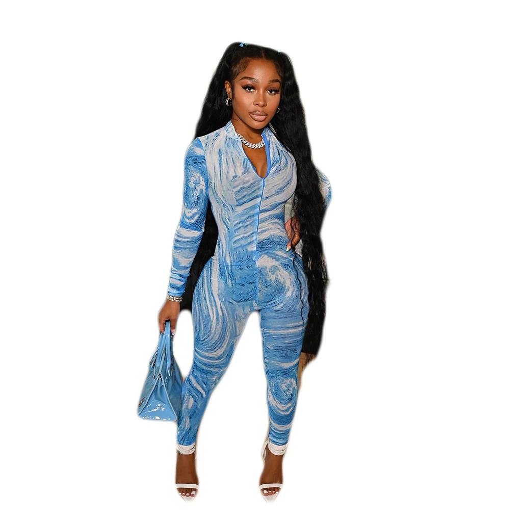 

Multicolored Printing Skinny Pants Jumpsuits Deep V Neck Long Sleeves Stretchy Nightclub Rompers Autumn Newest 2021 Fashion