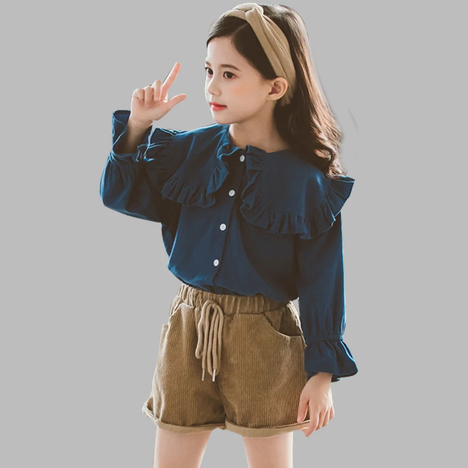 Весенняя одежда белая блузка для девочек + вельветовые шорты комплект из 2