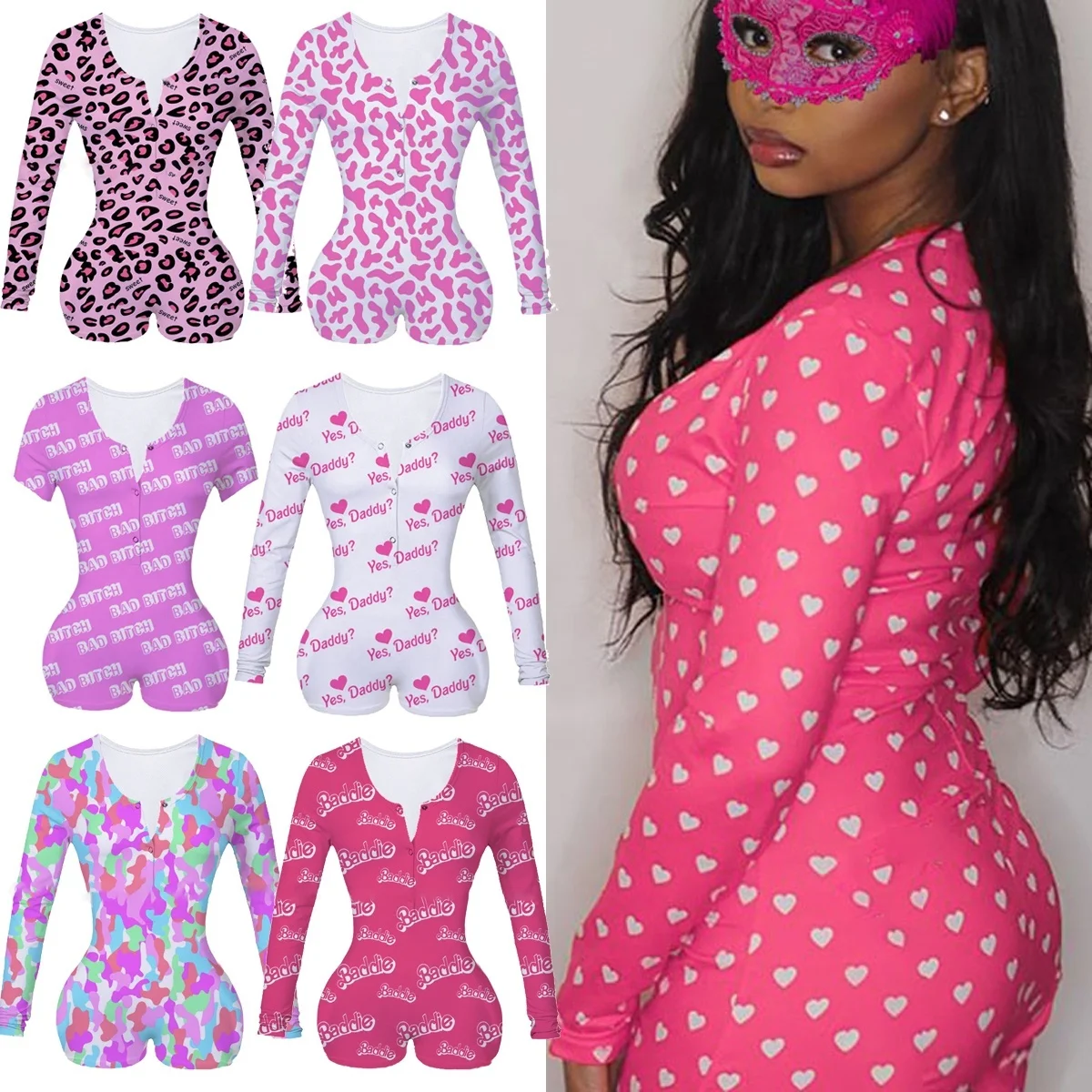 

Hot Sale Sexy Women V Neck Bodycon Bodysuit Women Long Sleeve Printed Skinny Jumpsuits Leotard Body Tops Sexy Rompers Sleepwear