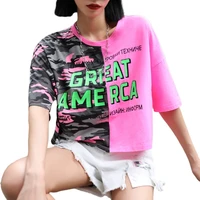 designer womens vintage camouflage loose patchwork top ladies casual printed crop tee shirts oversized streetwear tshirts xc787