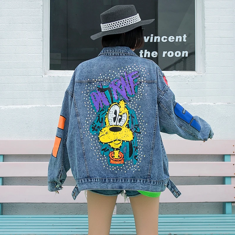 

Ladies denim jacket Europe station heavy industry cartoon beaded denim jacket women loose tooling casual tide brand ins shirt