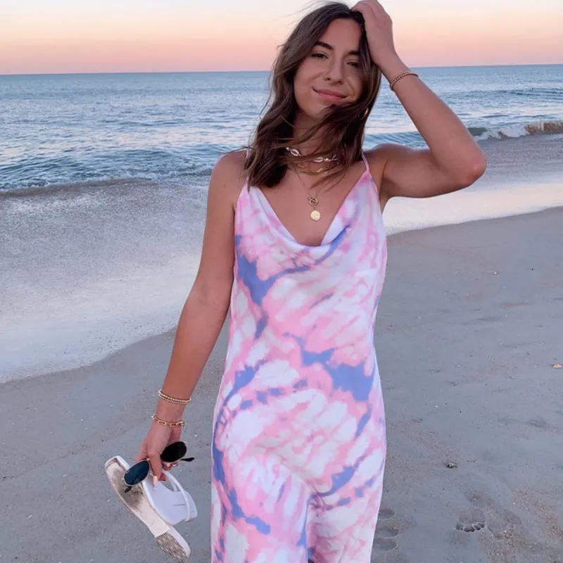

Fashion Summer Women Tie Dye Print Slip Dress Spaghetti Strap Sleeveless Dress Beach Dresses