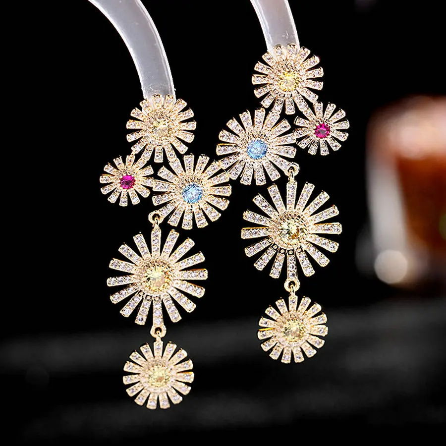 

1 Pair Fresh Daisy Tassel Drop Earrings Colorful CZ Earrings Elegant Women Party Accessory Ear Jewelry
