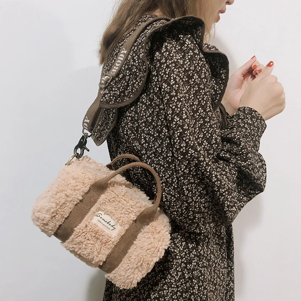 Winter Lambswool Handbag Designer Small Soft Plush Crossbody Bags for Women Fashion Wide Strap Women Shoulder Bag 2021 Mini Bag