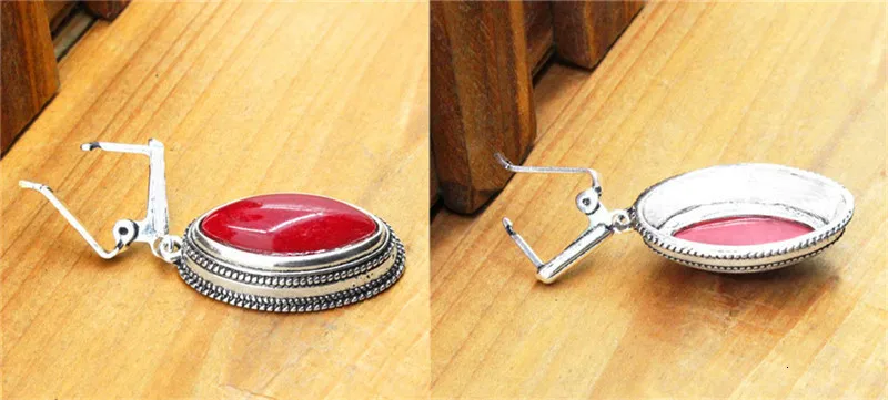 Double Layer Rhombus Red Stone Set Retro Necklace Earrings Set For Women Antique Silver Plated Fashion Jewelry