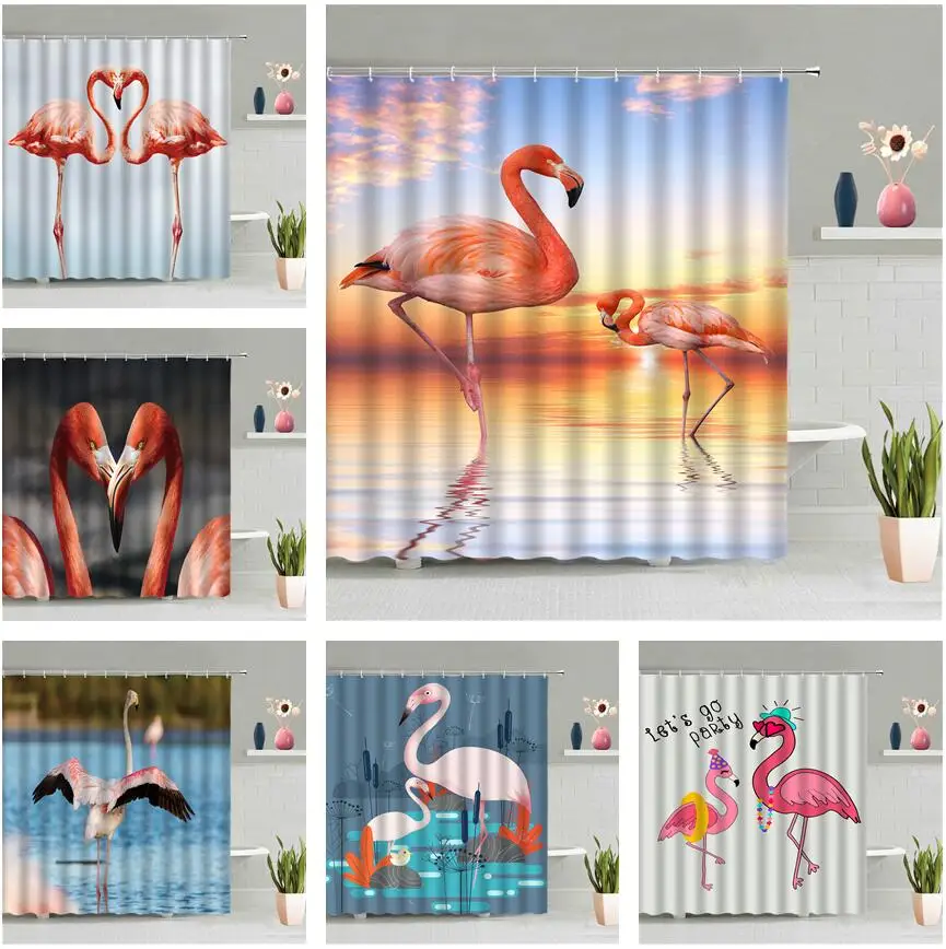 

Занавеска для душа с фламинго, тропические животные, закат, океан, пейзаж, ванная комната, настенная подвесная занавеска s, водонепроницаемы...