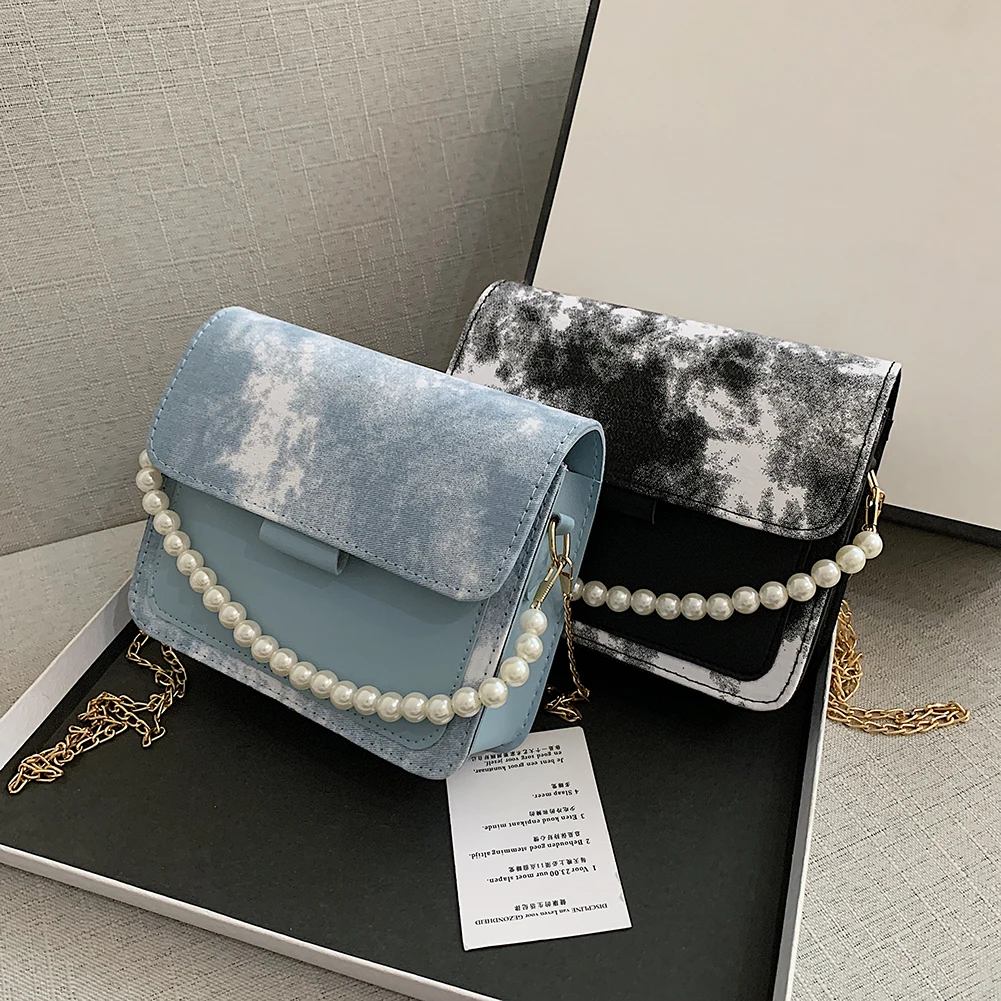 

Exquisite Women's Bag Tie Dye Printing PU Leather Crossbody Shoulder Shopper Bags for Women Casual Ladies Pearl Chain Handbag