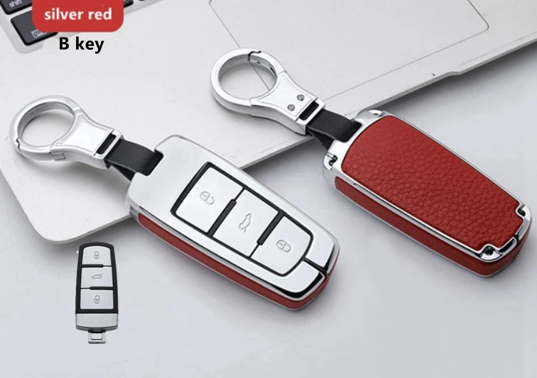 B key silver red Высококачественный автомобильный кожаный и металлический чехол для ключей, брелок для Volkswagen Tiguan MK2 CC Passat B8 для Skoda A7 Octavia Superb - Название цвета: B key silver red
