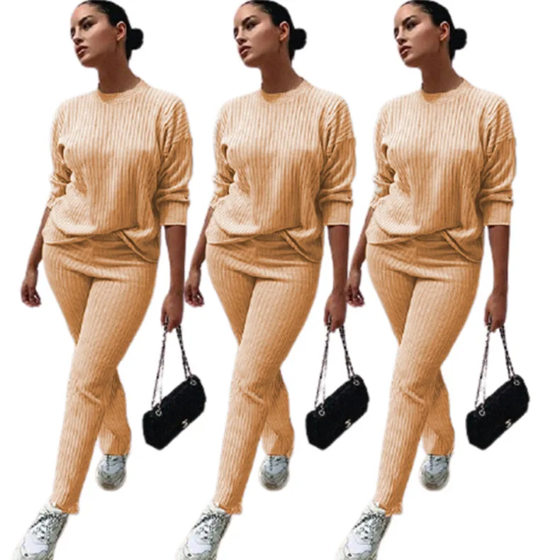 

Khaki Knit Long Sleeve Pullover Top + High Waisted Trousers Straight Pants Fashion 2 Pieces Outfits Office Lady Matching Sets