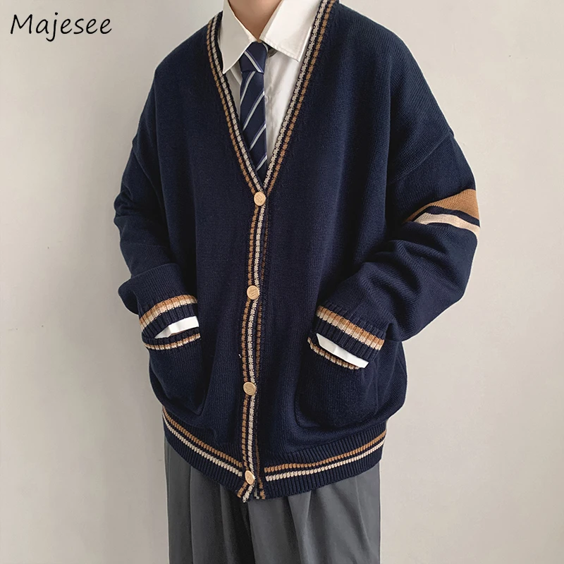 

Men Cardigan Spliced Long Sleeve Sweaters Preppy Basic V-neck Japanese Style Retro Knit Jumpers Teens Oversized Cozy Cardigans