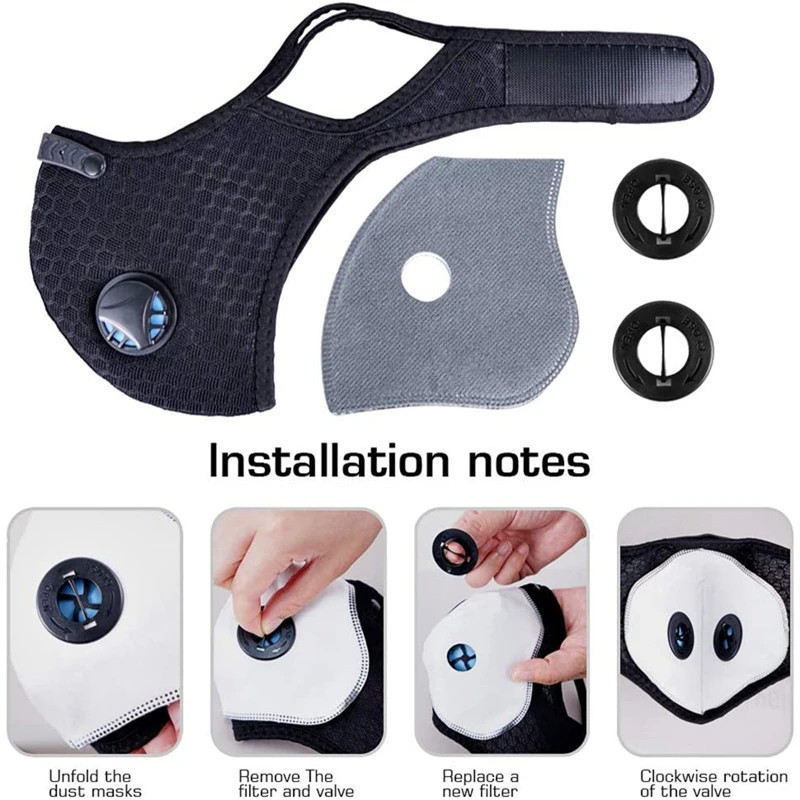 

2 pack Unisex Face Mask With Filters 2 Exhaust Valves Pm 2.5 Anti-Pollution Activated Carbon Breathing Valve Cycling Mouth Caps