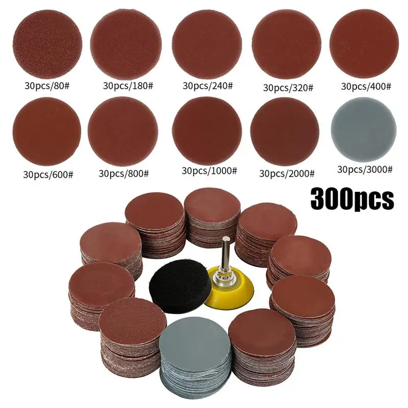 

300 PCS Sanding Discs 2 Inch 50mm Aluminum Oxide Adhesive Sanding Disc 80/100/180/240/600/800/1000/1200/2000/3000 Grit Abrasive