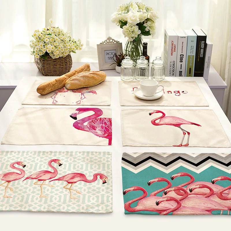 

Nordic Style Flamingo Print Placemats Dining Restaurant Kitchen Decor Tableware Mat Coffee Coaster Cotton Linen Pad 42*32cm 1pc