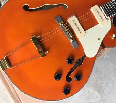 

Бесплатная доставка, китайская фабрика, под заказ, новая Апельсиновая sunburst, с полым корпусом, с кленовым верхом и двойным F-образным отверсти...