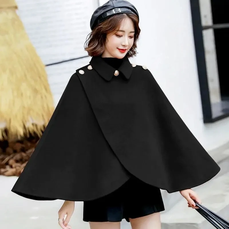 

Fashion Short Red Cloak Woolen Coat Shawl Cardigan Capa Mujer Autumn Winter Turn-down Collar Buttons Bat Outwear Poncho Women