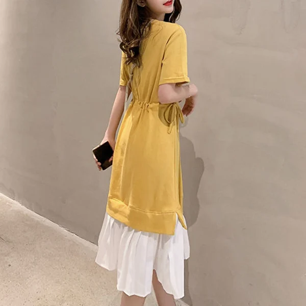 

New Arrival Women Fake Two Pieces Short Sleeve Round Collar Dress for Summer Beach Party