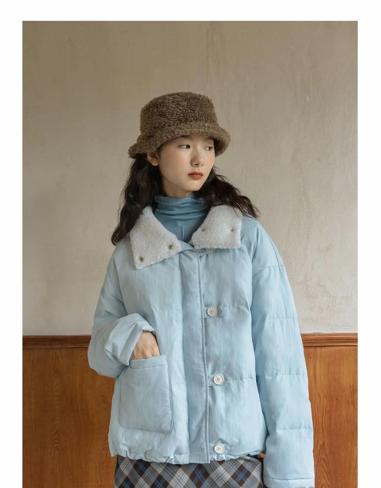 Baby Blue Lambswool Collar down Jacket 90 White Duck down Cute Short Women's Warm Coat Winter New