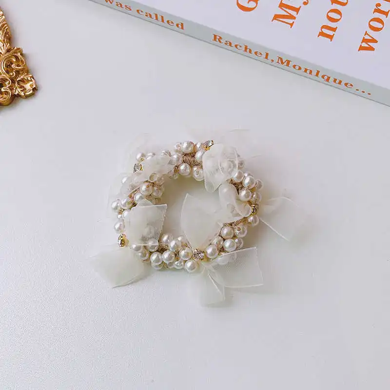 

2021 new Organza small bow pearl hair ring net red hair rope girl summer fresh elastic headband
