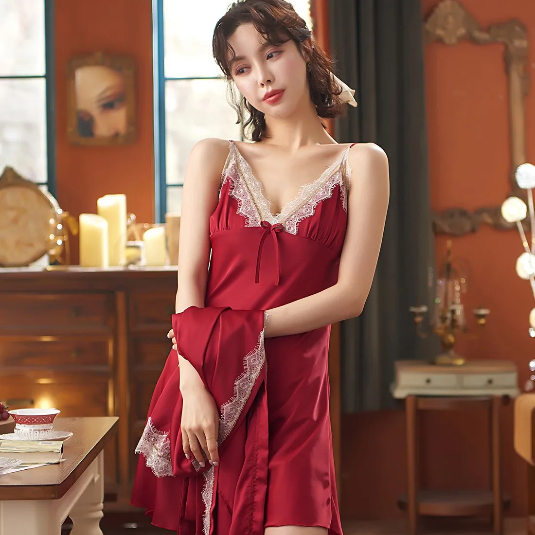 

Robe Suit Lace Trim Bridal Wedding Sleep Set Satin Kimono Bath Gown Sexy Bridesmaid Sleepwear Rayon Summer Nightgown&Bathrobe