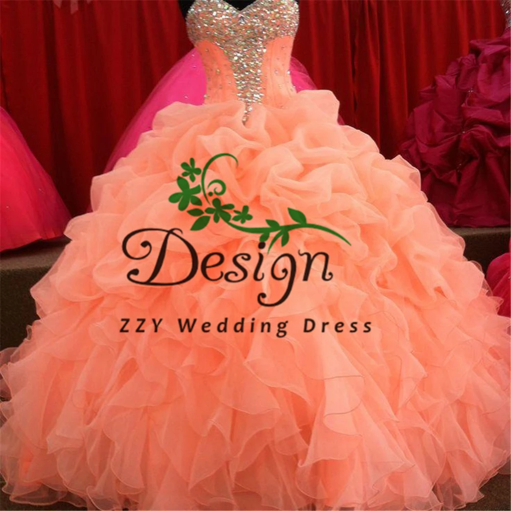 

Coral Sparkling Crystals Beading Sweetheart Neckline Ruffles Pleated Multi-Layers Ball Gown quinceanera Dresses