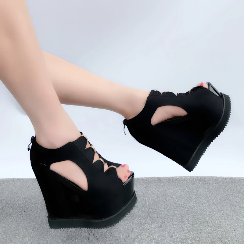 Wedges 15cm High Heel Shoes Night Club Summer Sandals For Women Platform Black women sandals | Обувь