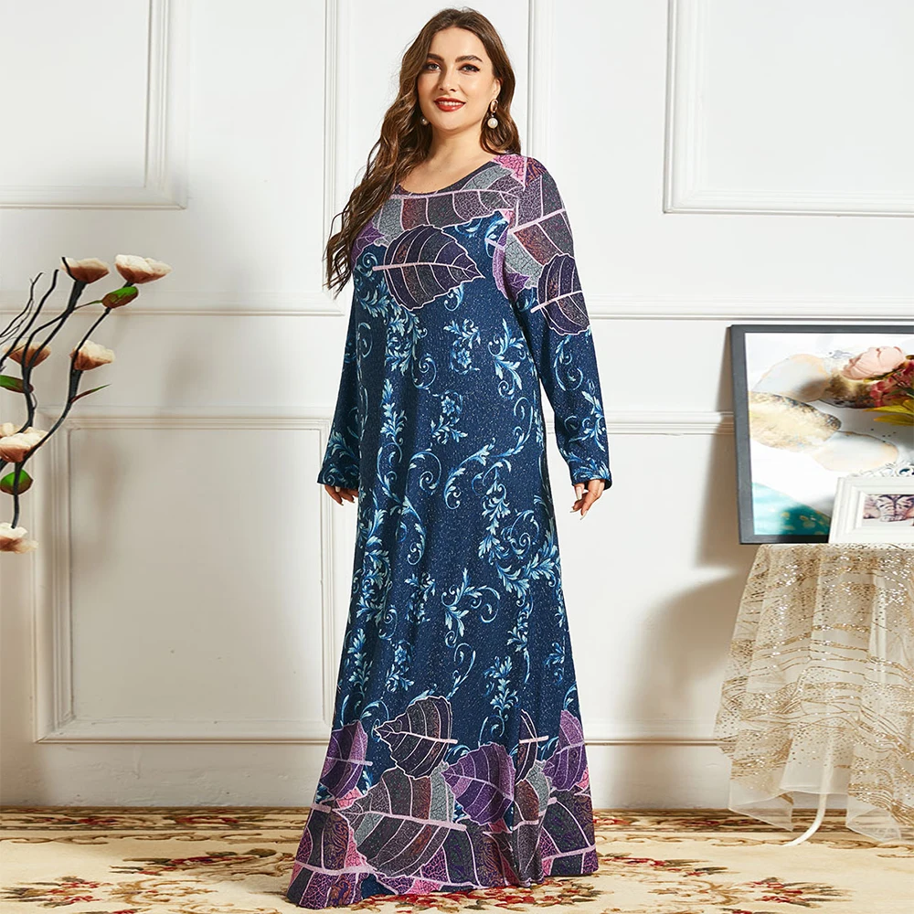 

FridayIn Summer Women's Dress 2021 Simplicity Round Neck Long Sleeve Flower Print Slim Kaftan
